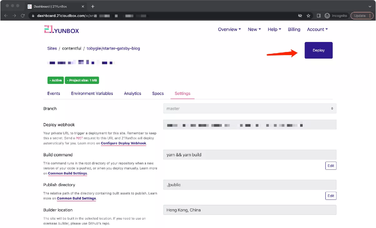 Press the purple deploy button on 21YunBox to publish new content from Airtable