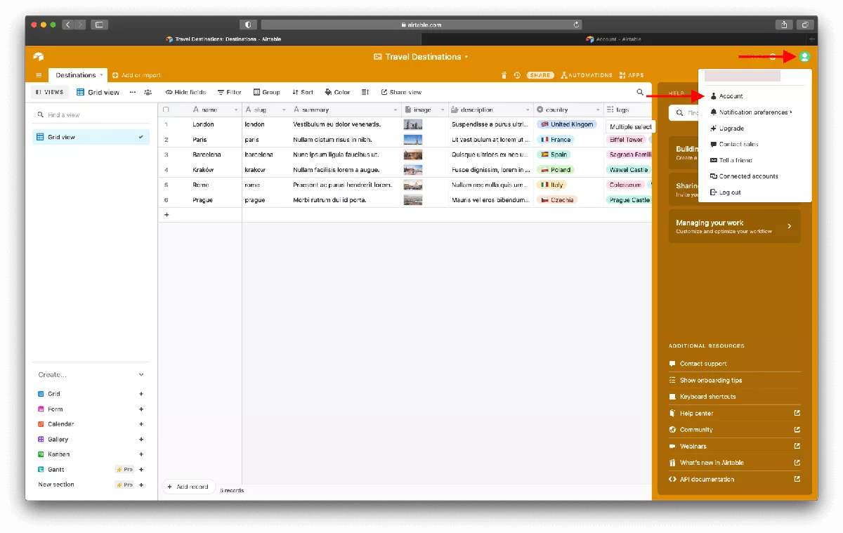 Step 1) to create an Airtable API KEY