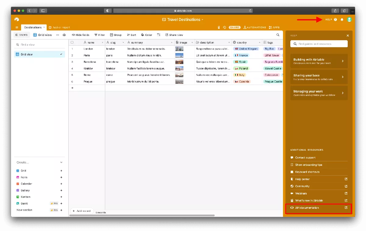 Step 1) to locate Airtable's base ID