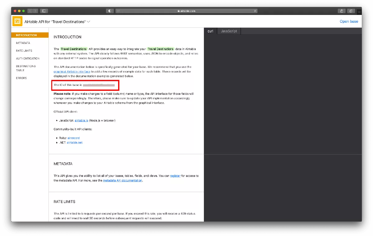 Step 2) to locate Airtable's base ID