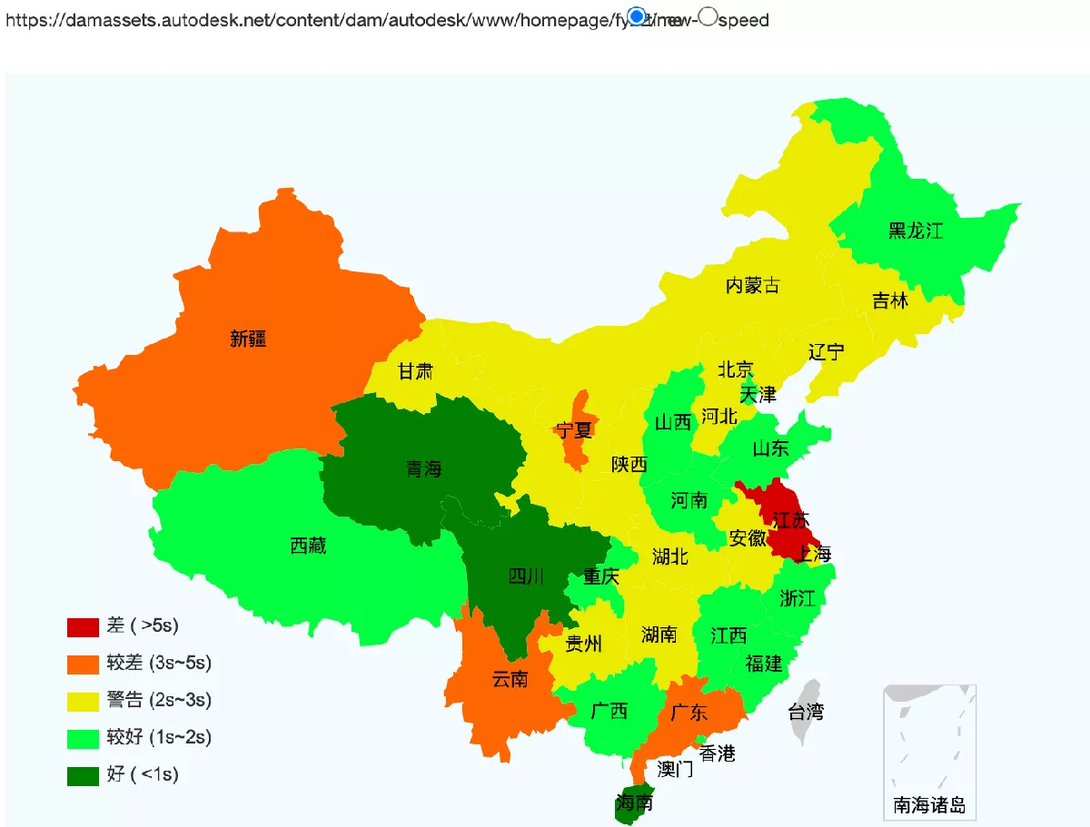 AutoDesk's websites speed test across China