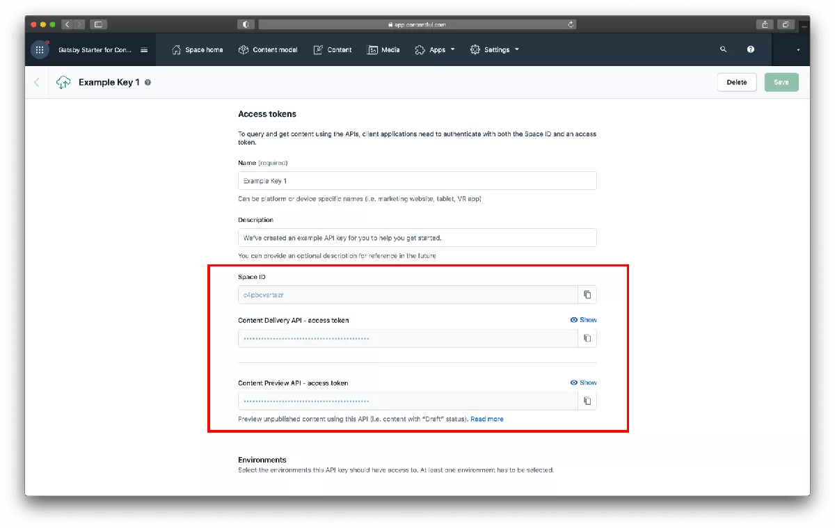 Contentful Space ID, Contentful Delivery API - access token, Contentful Preview API - access token
