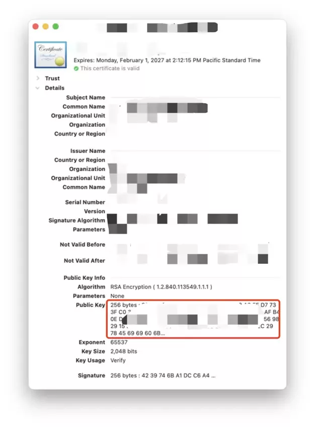 Detailed view of the certificate in Keychain Access, highlighting how to copy the Public Key for your app.