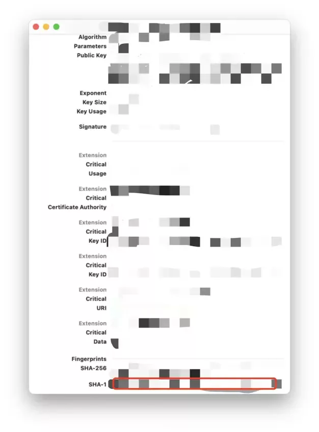 Instructions on locating and copying the SHA-1 certificate value for your iOS app, as seen in the Keychain Access tool.