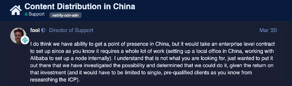 Netlify's response on Content Distribution in China, https://answers.netlify.com/t/content-distribution-in-china/10153