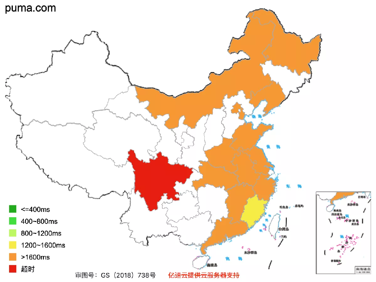 Puma.com's speed test across China.