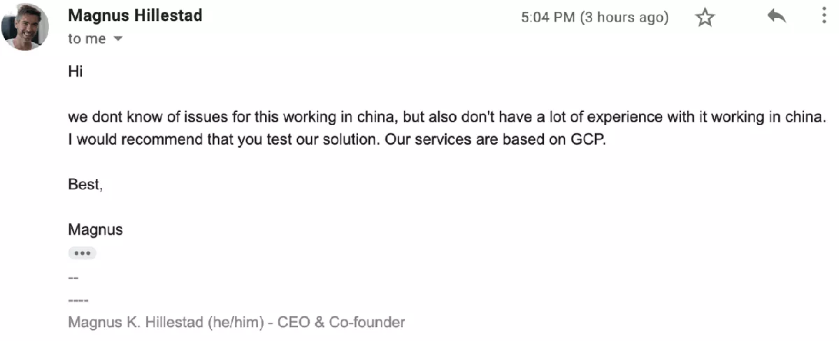 Sanity's response to their service working in China