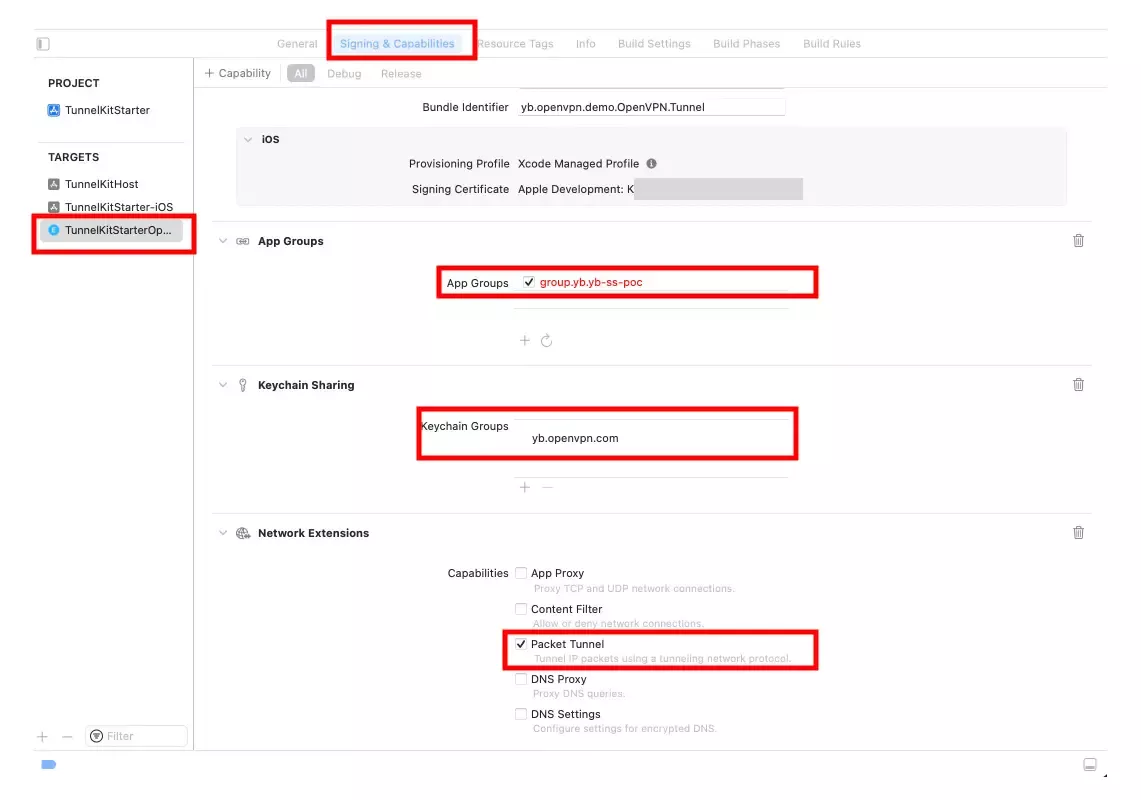 Enable the above settings in the tunnel extension target.